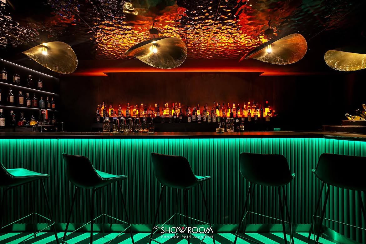 Moody lounge interior with mural